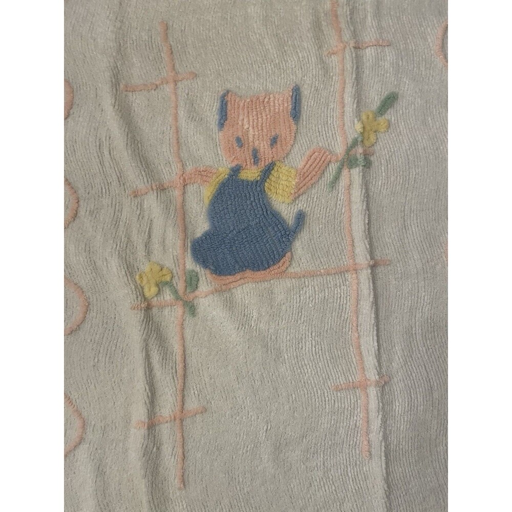 Vtg Chenille Baby Blanket Pink Kitty Blue Bibs 42” X 65” New Crib Spread - Picture 10 of 10